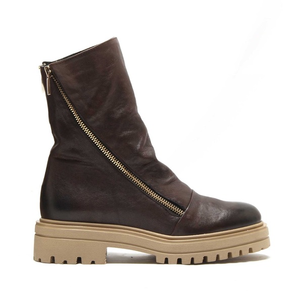 Michele Lopriore Leather Arizona Side Zip Combat Boots in Brown.